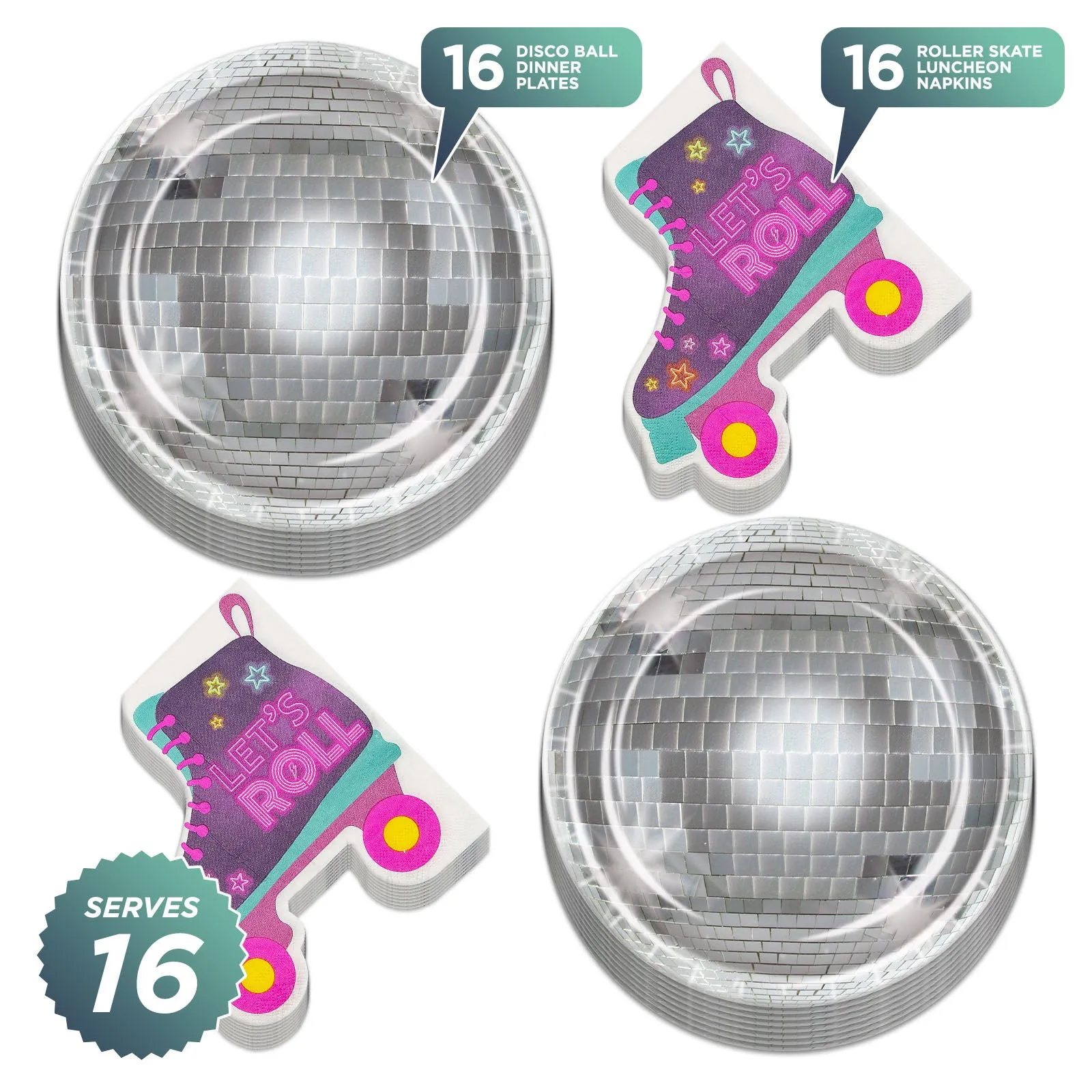 70s Disco Party Supplies - Silver Disco Ball Paper Dinner Plates with Roller Skate Shaped Napkins(Serves 16)