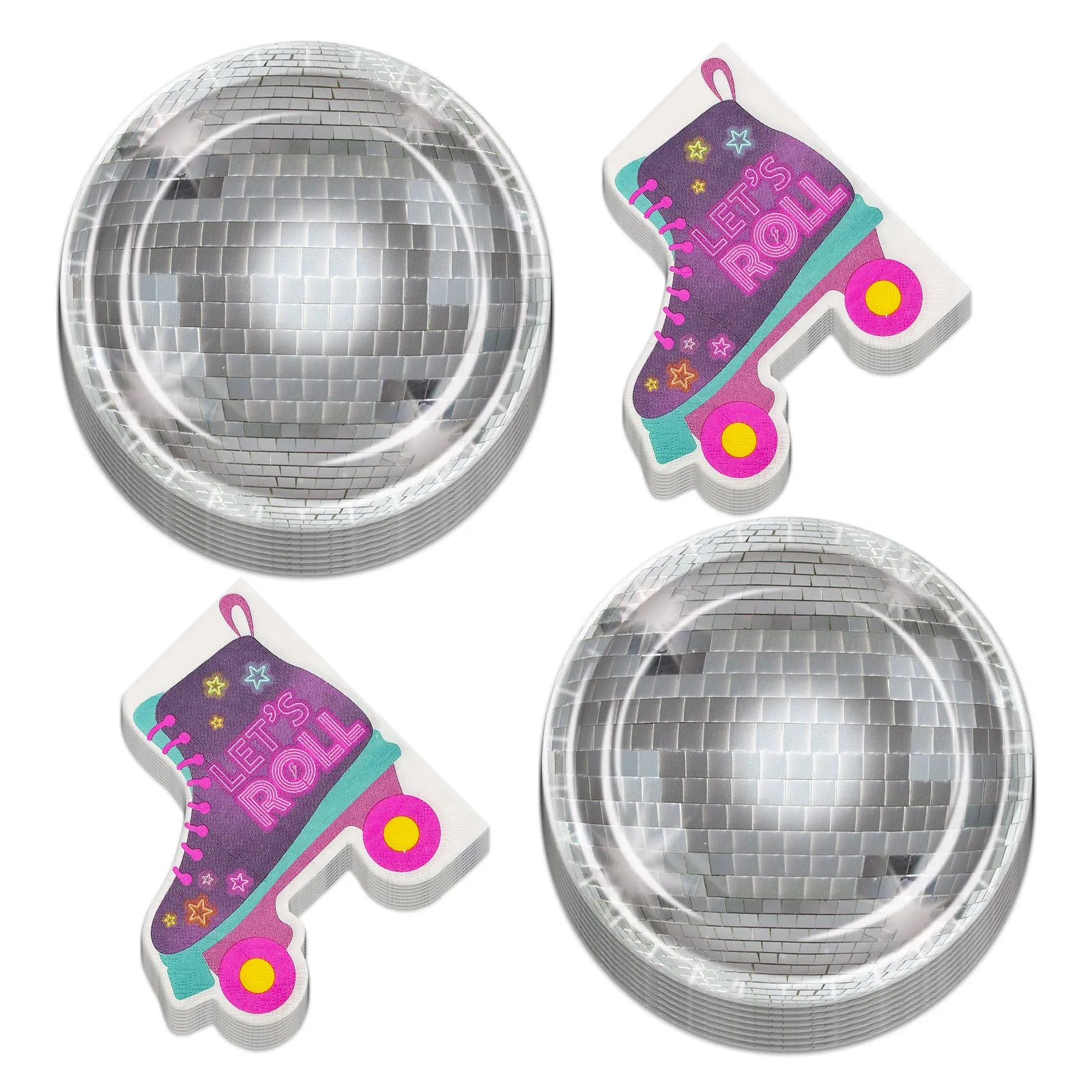 70s Disco Party Supplies - Silver Disco Ball Paper Dinner Plates with Roller Skate Shaped Napkins(Serves 16)