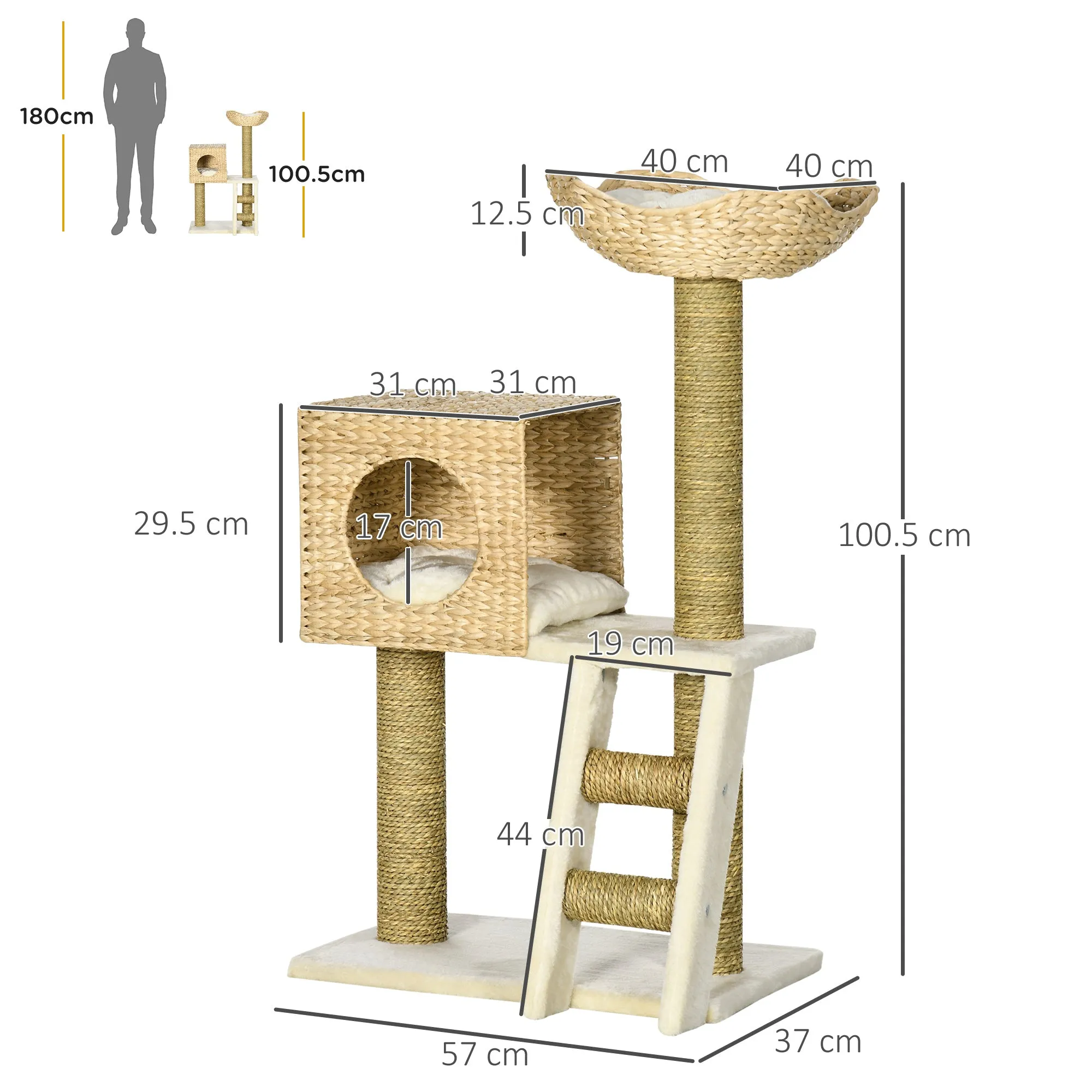 Cat Tree for Indoor Cats Kitten Tower Cattail Weave with Scratching Posts, Cat House, Bed, Ladder, Washable Cushions, Natural Finish