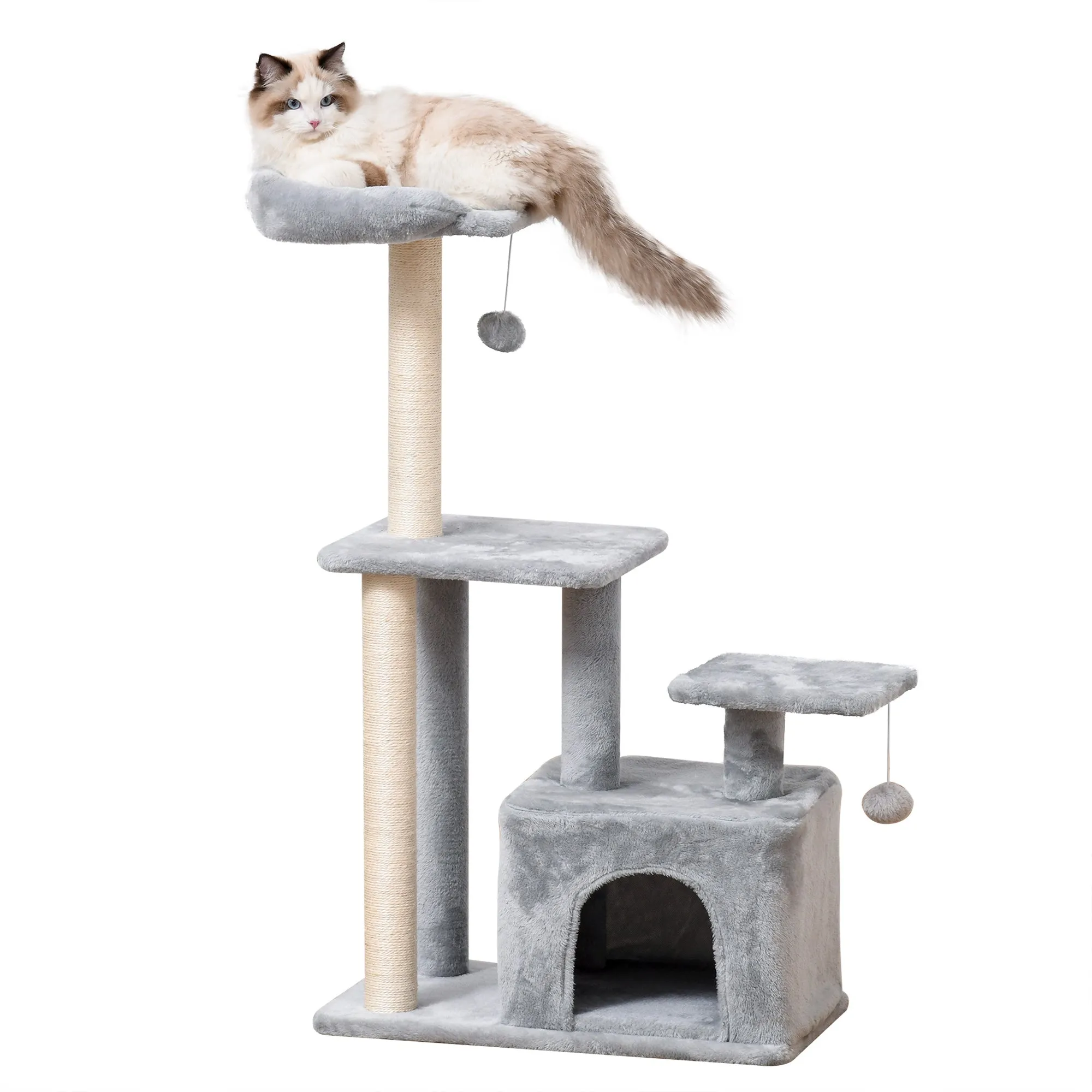 Cat tree Tower 114cm Climbing Activity Centre Kitten with Sisal Scratching Post Perch Hanging Ball Condo Toy Grey