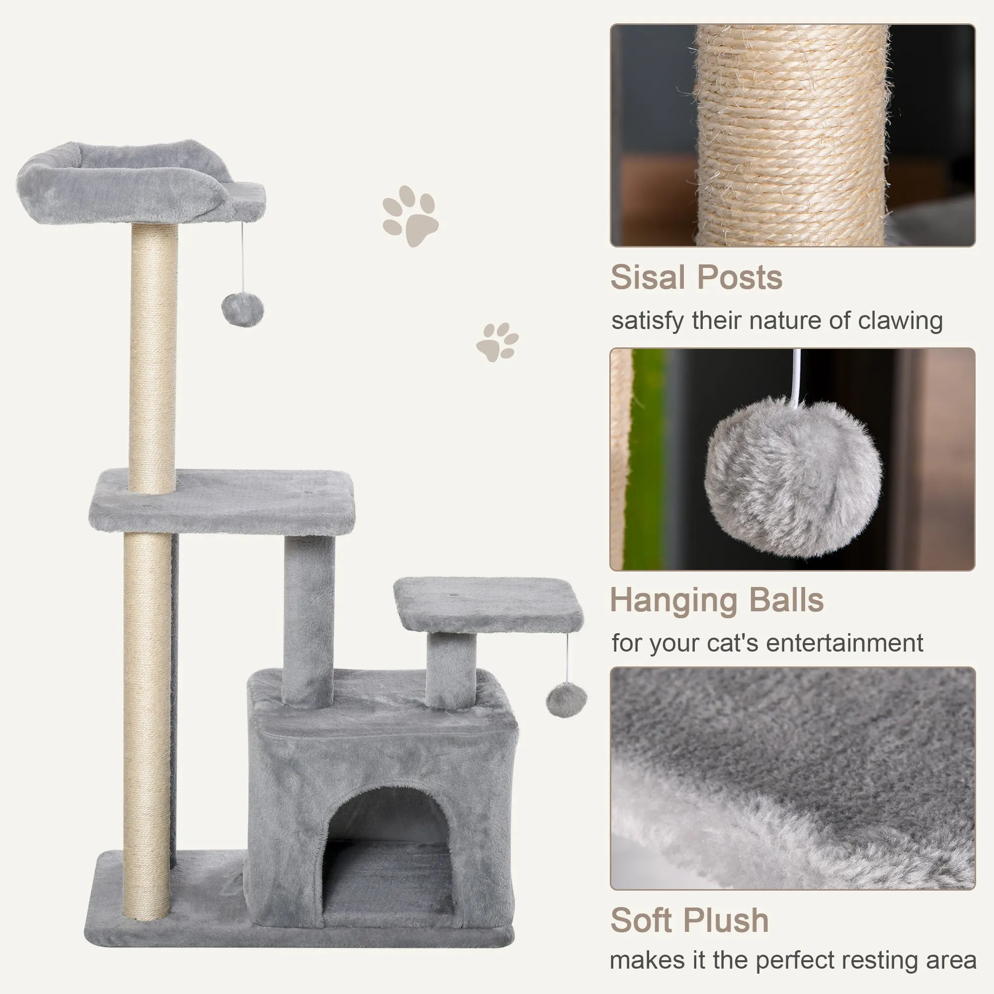 Cat tree Tower 114cm Climbing Activity Centre Kitten with Sisal Scratching Post Perch Hanging Ball Condo Toy Grey