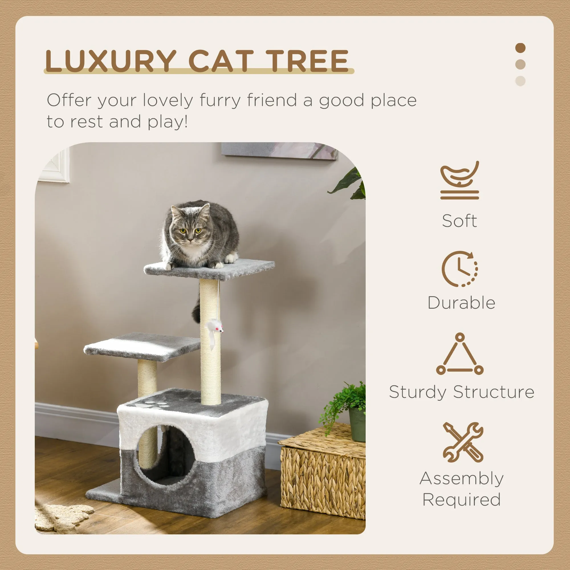 Cat Tree w/ Sisal Scratching Posts, House, Perches, Toy Mouse, Grey