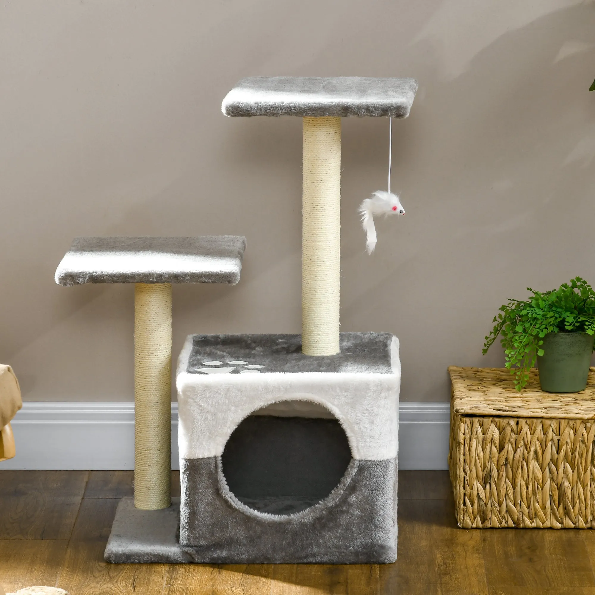 Cat Tree w/ Sisal Scratching Posts, House, Perches, Toy Mouse, Grey