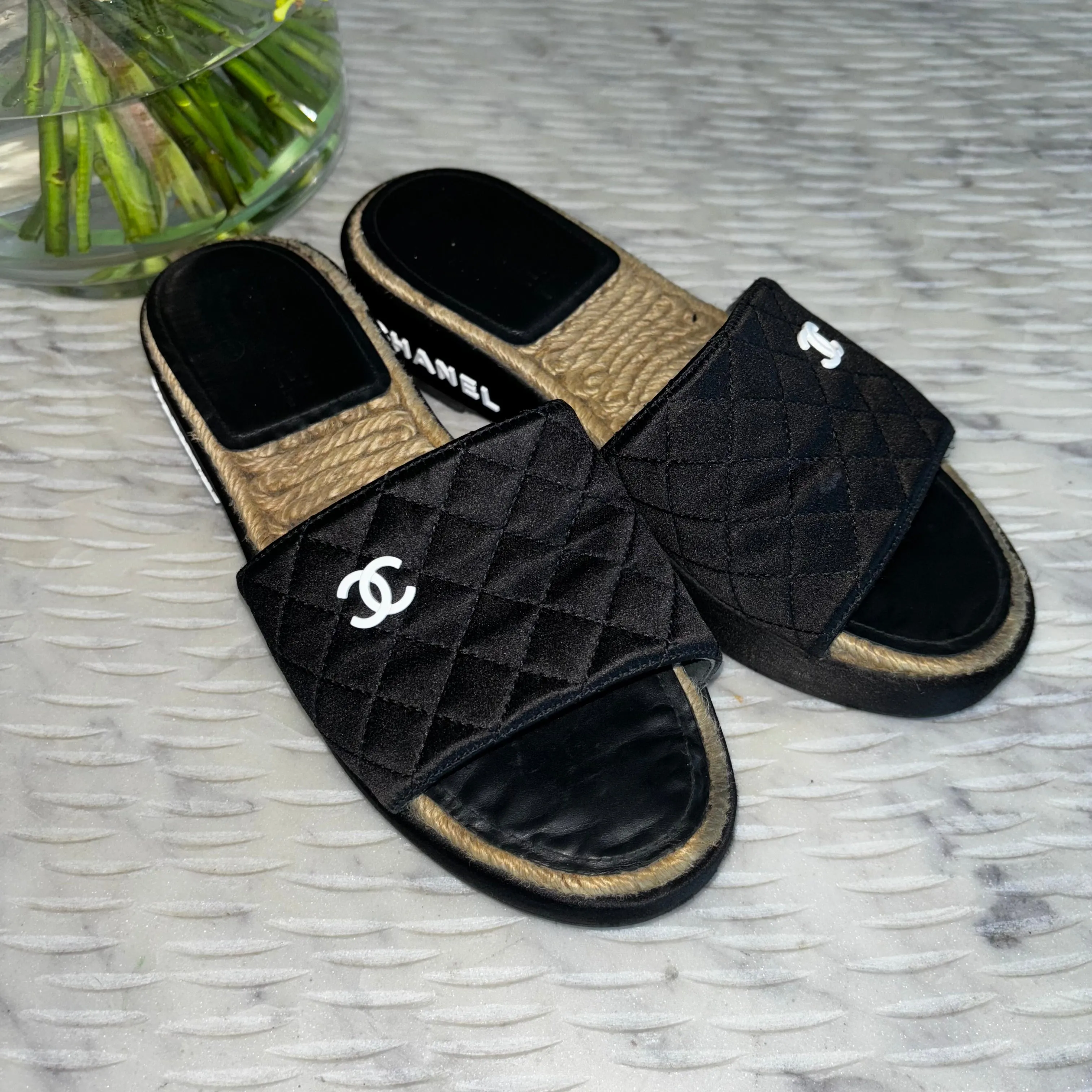 Chanel Black Satin CC Espadrille Slide Sandals