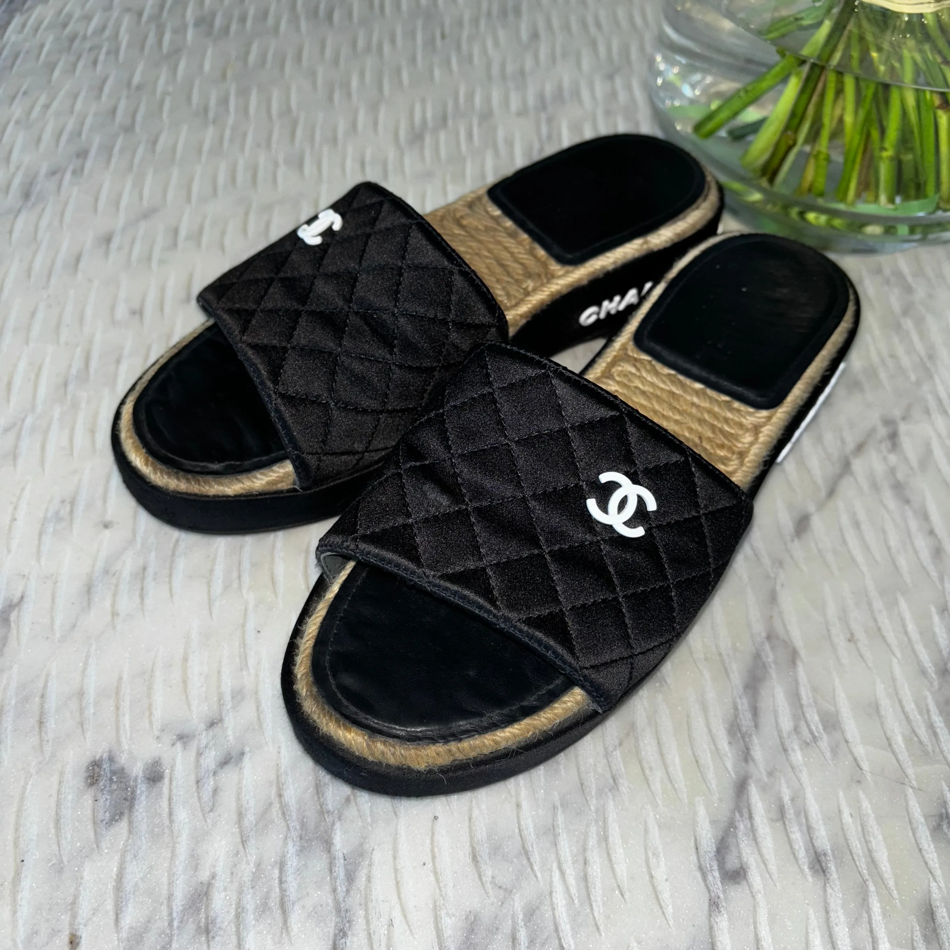 Chanel Black Satin CC Espadrille Slide Sandals