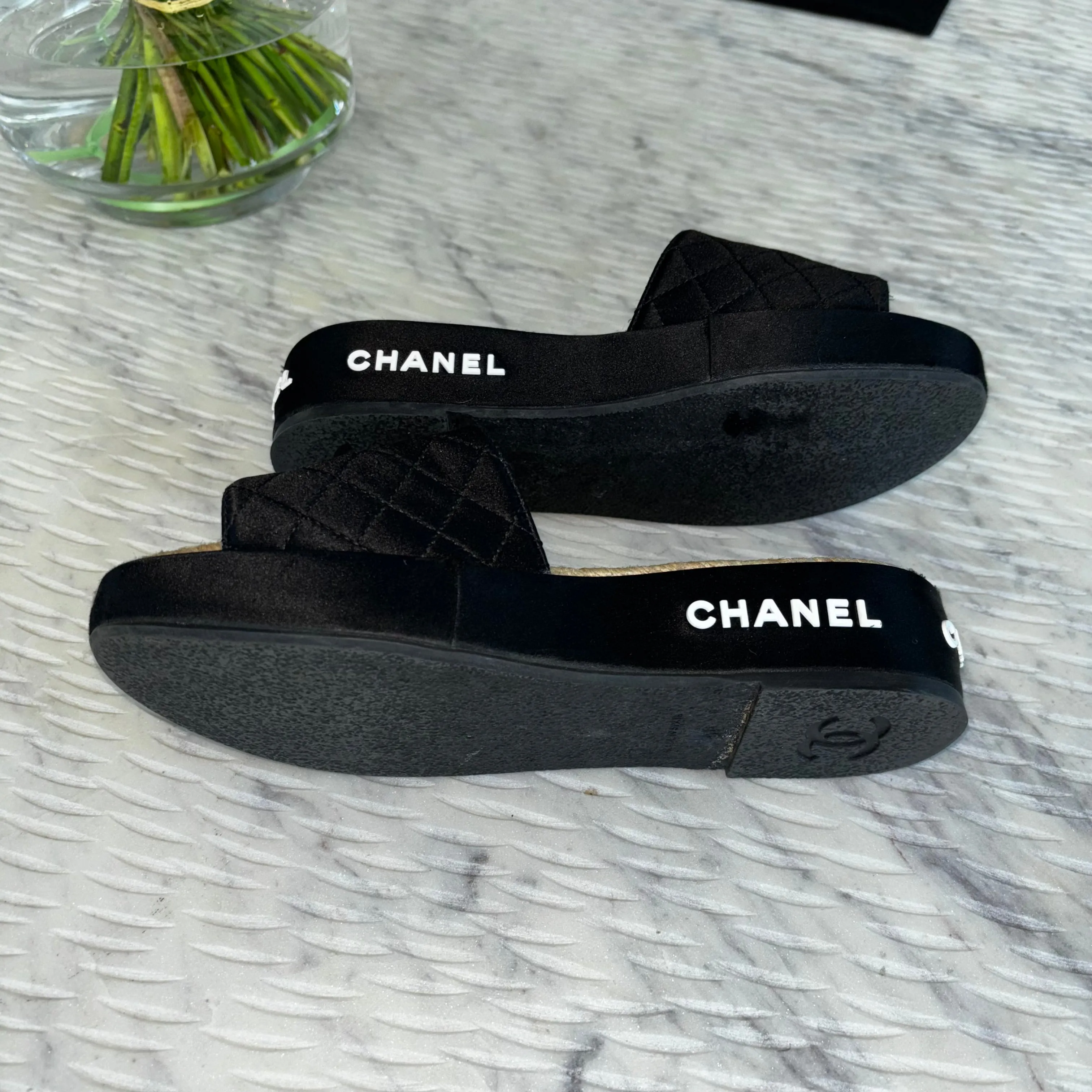 Chanel Black Satin CC Espadrille Slide Sandals