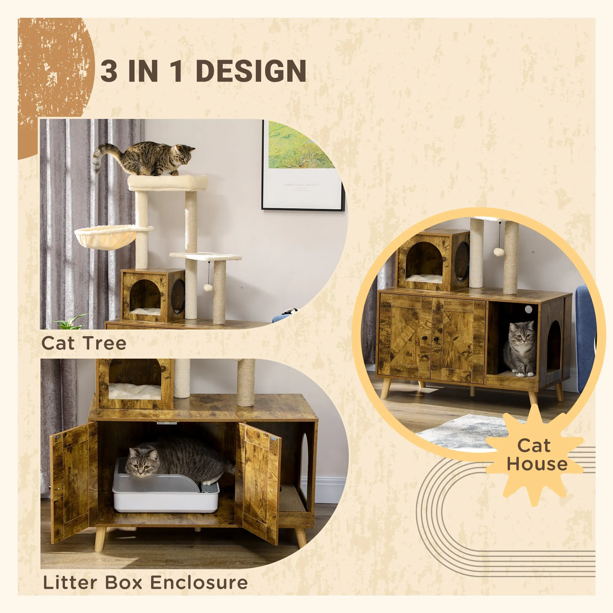 Litter Box Enclosure with Cat Tree Tower, Hidden Cat Washroom Furniture with Cat House, Scratching Posts, Large Platform, Hammock, Soft Cushion - Rustic Brown