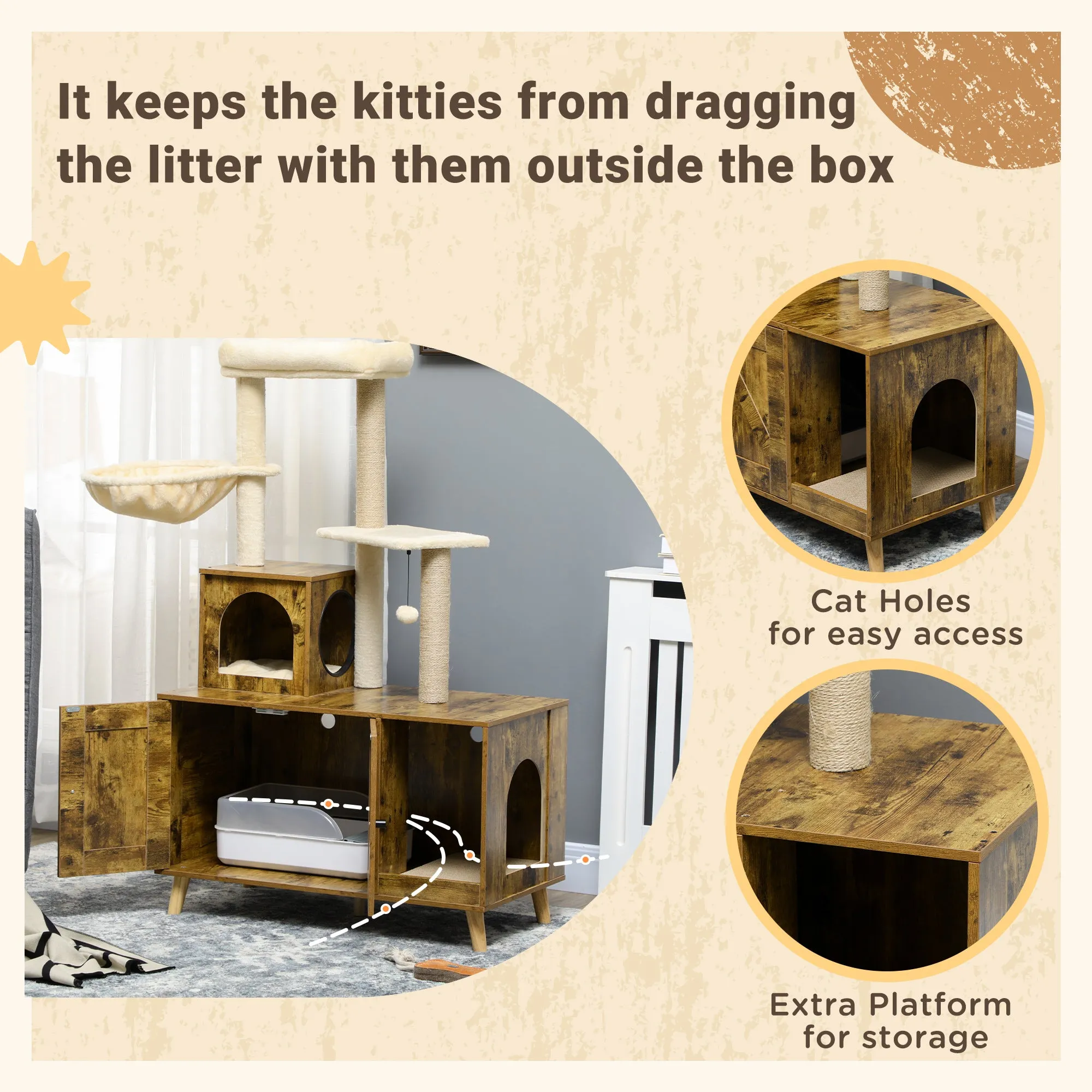 Litter Box Enclosure with Cat Tree Tower, Hidden Cat Washroom Furniture with Cat House, Scratching Posts, Large Platform, Hammock, Soft Cushion - Rustic Brown