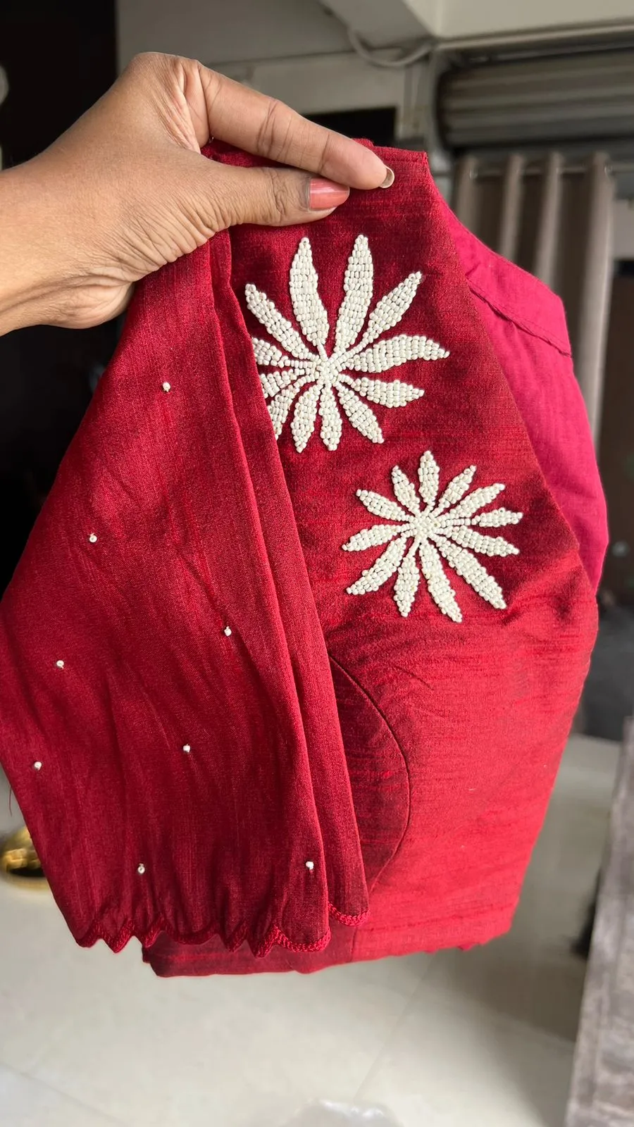 Maroon organza saree with pearl handwork blouse