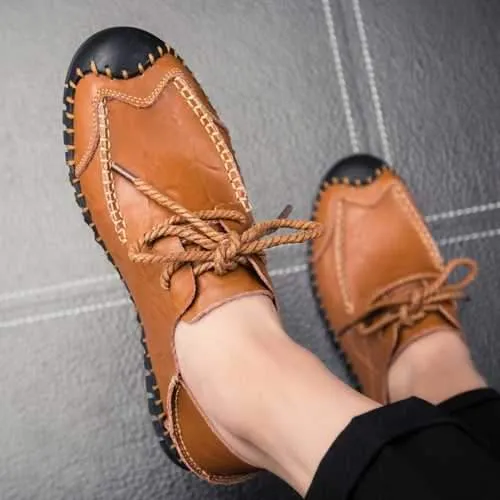 Men Soft Genuine Leather Flat Loafers Lace Up Leather Shoes