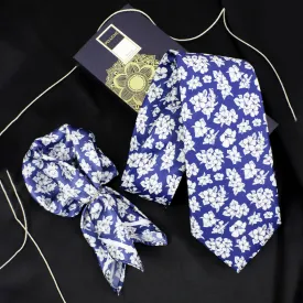 Peluche Sky Blossom Blue Broad Neck Tie & Pocket Square Set for Men