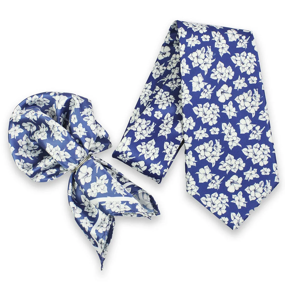 Peluche Sky Blossom Blue Broad Neck Tie & Pocket Square Set for Men