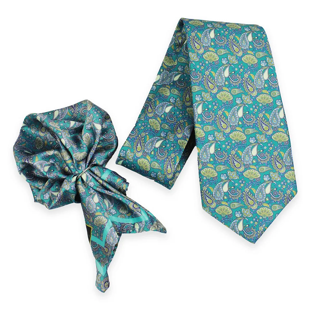 Peluche Tranquil Blooms Green Broad Neck Tie & Pocket Square Set for Men