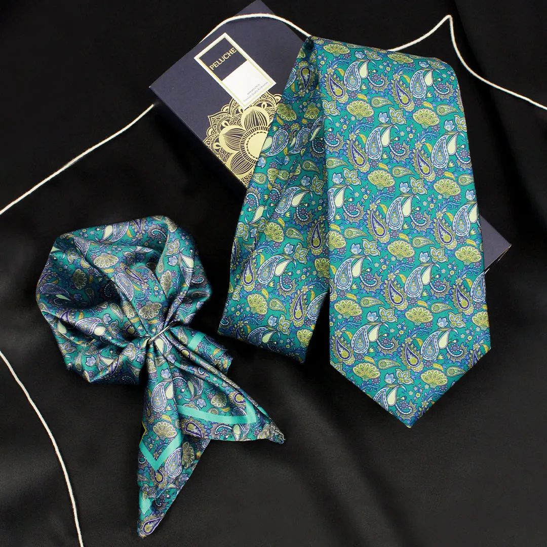 Peluche Tranquil Blooms Green Broad Neck Tie & Pocket Square Set for Men