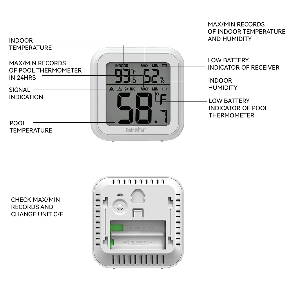 RAINPOINT Wireless Pool Thermometer - Accurate Swimming Pool and Pond Temperature Monitor with Indoor Display - Pool Sensor Displays °C Only