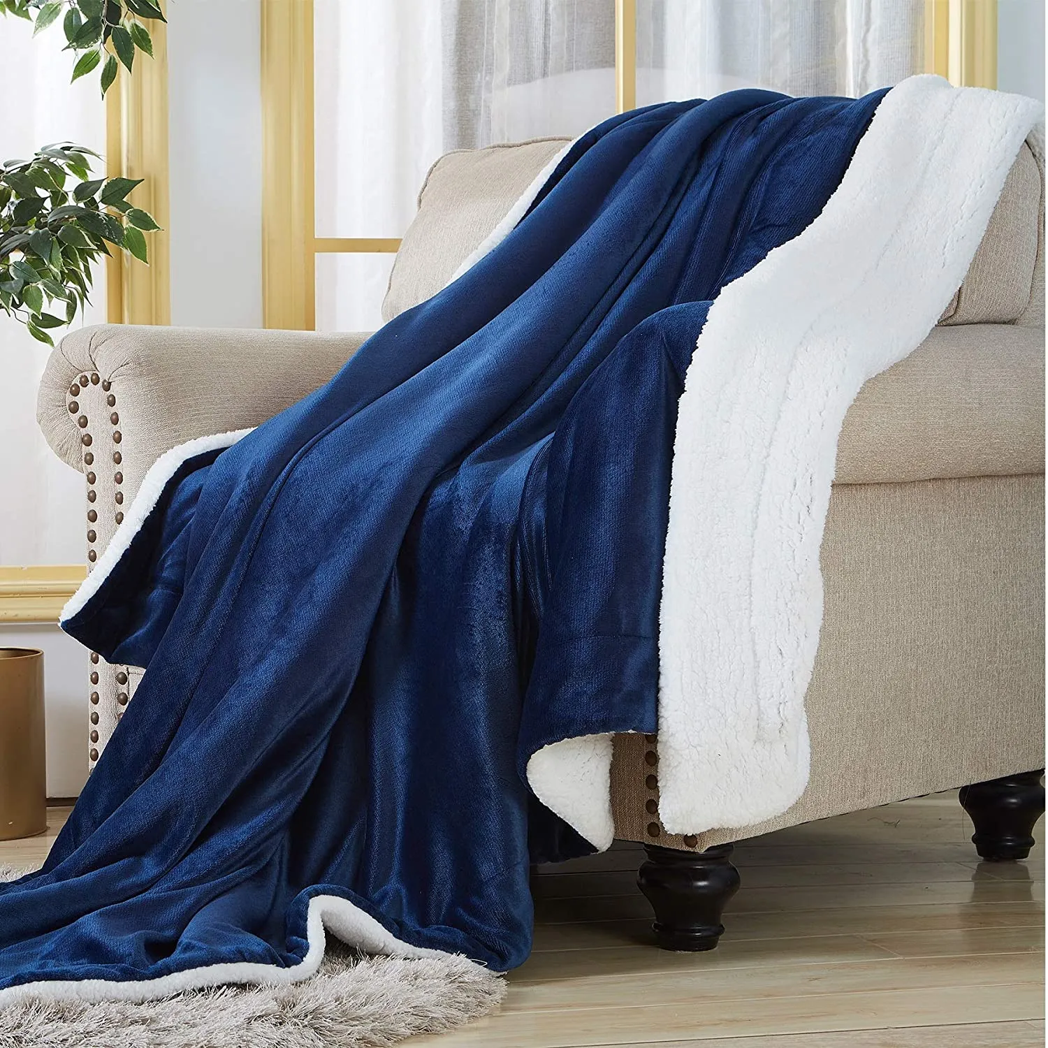 Thick Fuzzy Soft Sherpa Fleece Bed Sofa Blankets-Blue