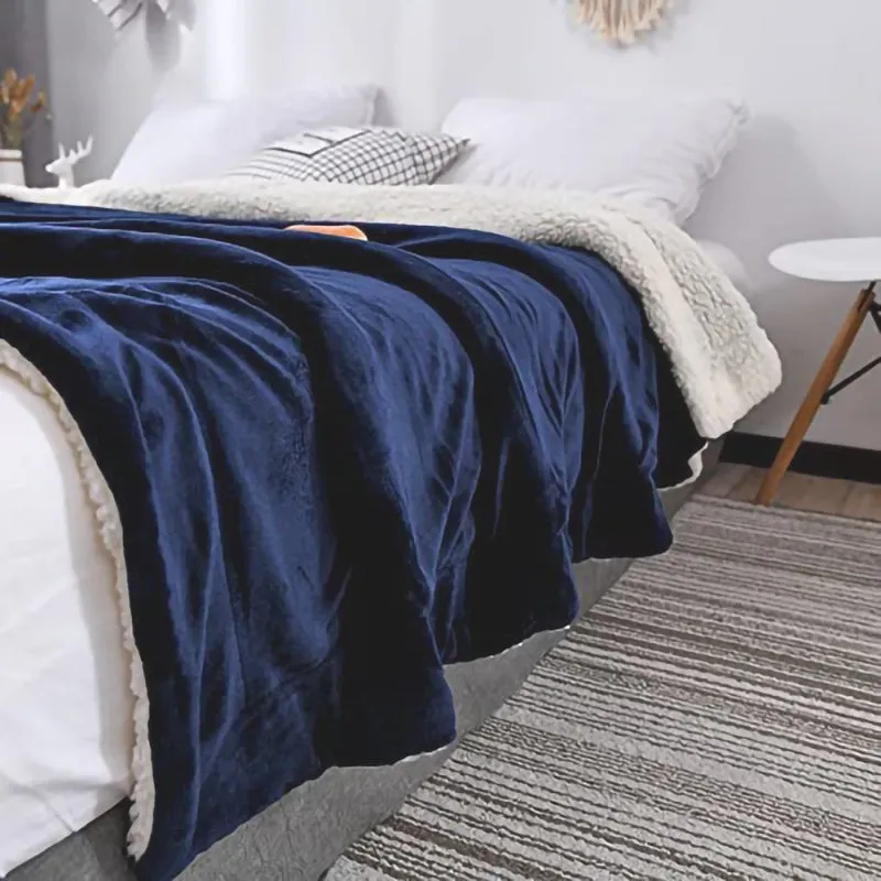 Thick Fuzzy Soft Sherpa Fleece Bed Sofa Blankets-Blue