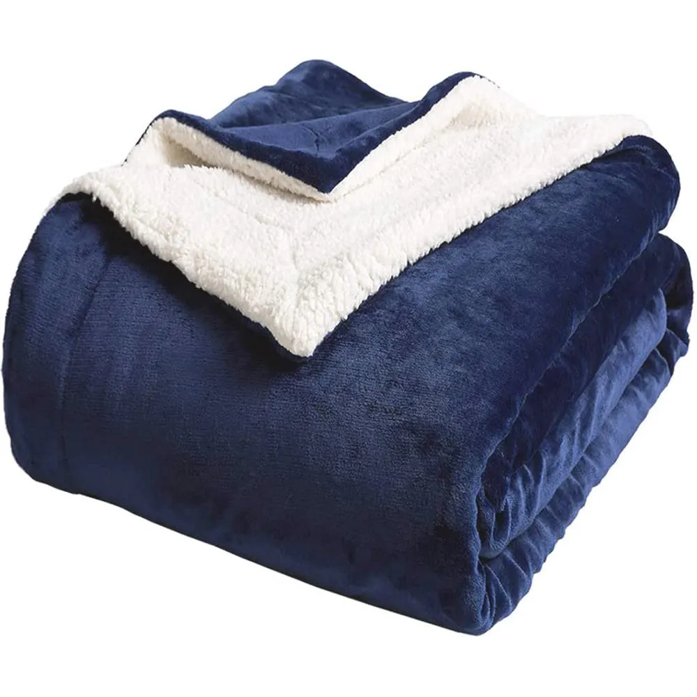 Thick Fuzzy Soft Sherpa Fleece Bed Sofa Blankets-Blue