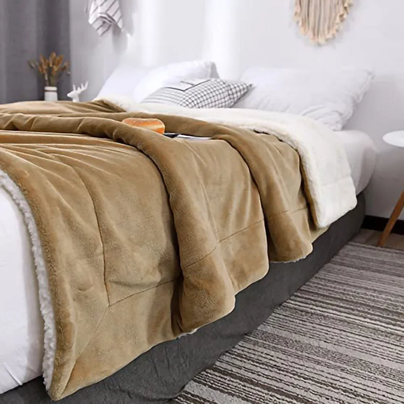 Thick Fuzzy Soft Sherpa Fleece Bed Sofa Blankets-Camel