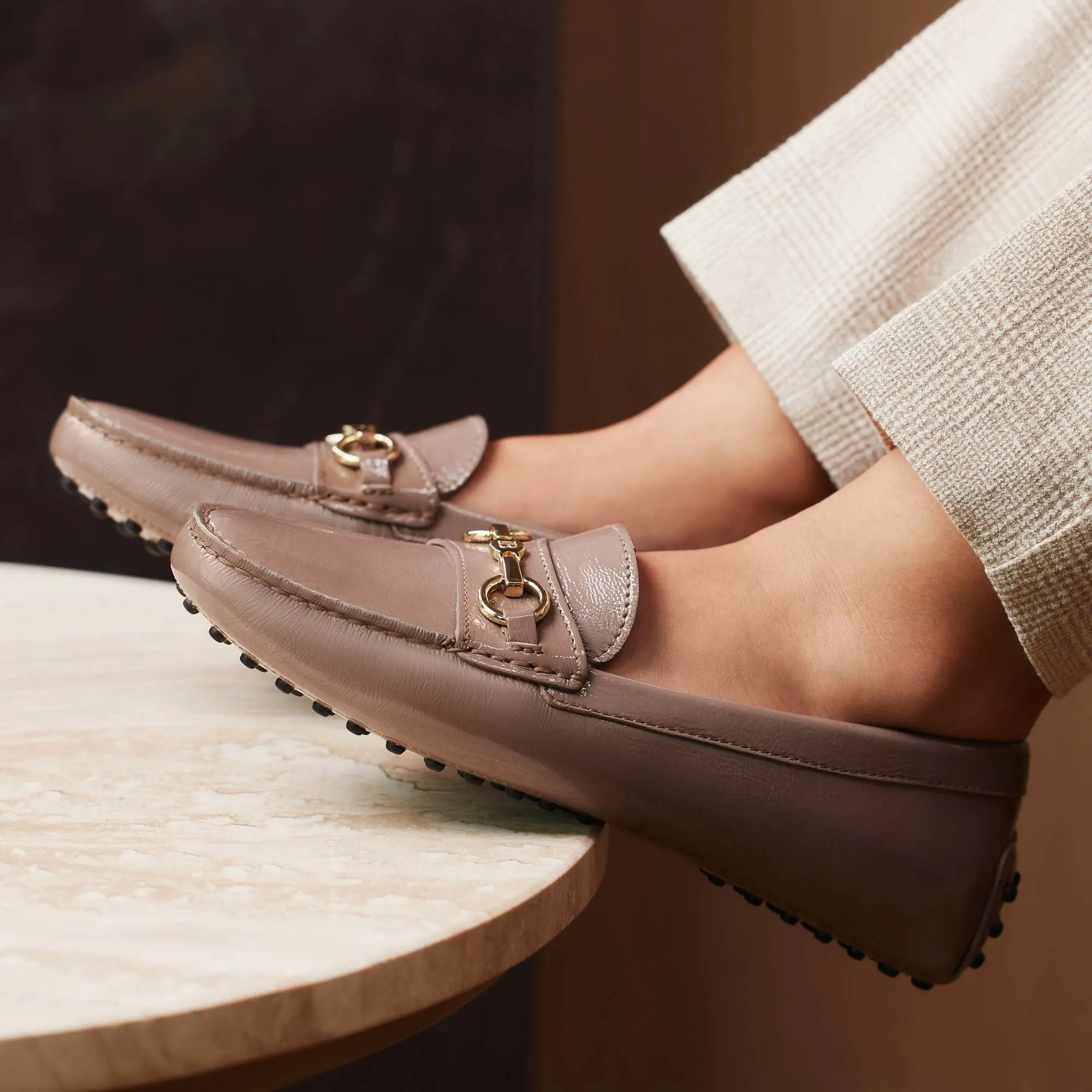 Vendôme Marie taupe calfskin patent leather moccasins