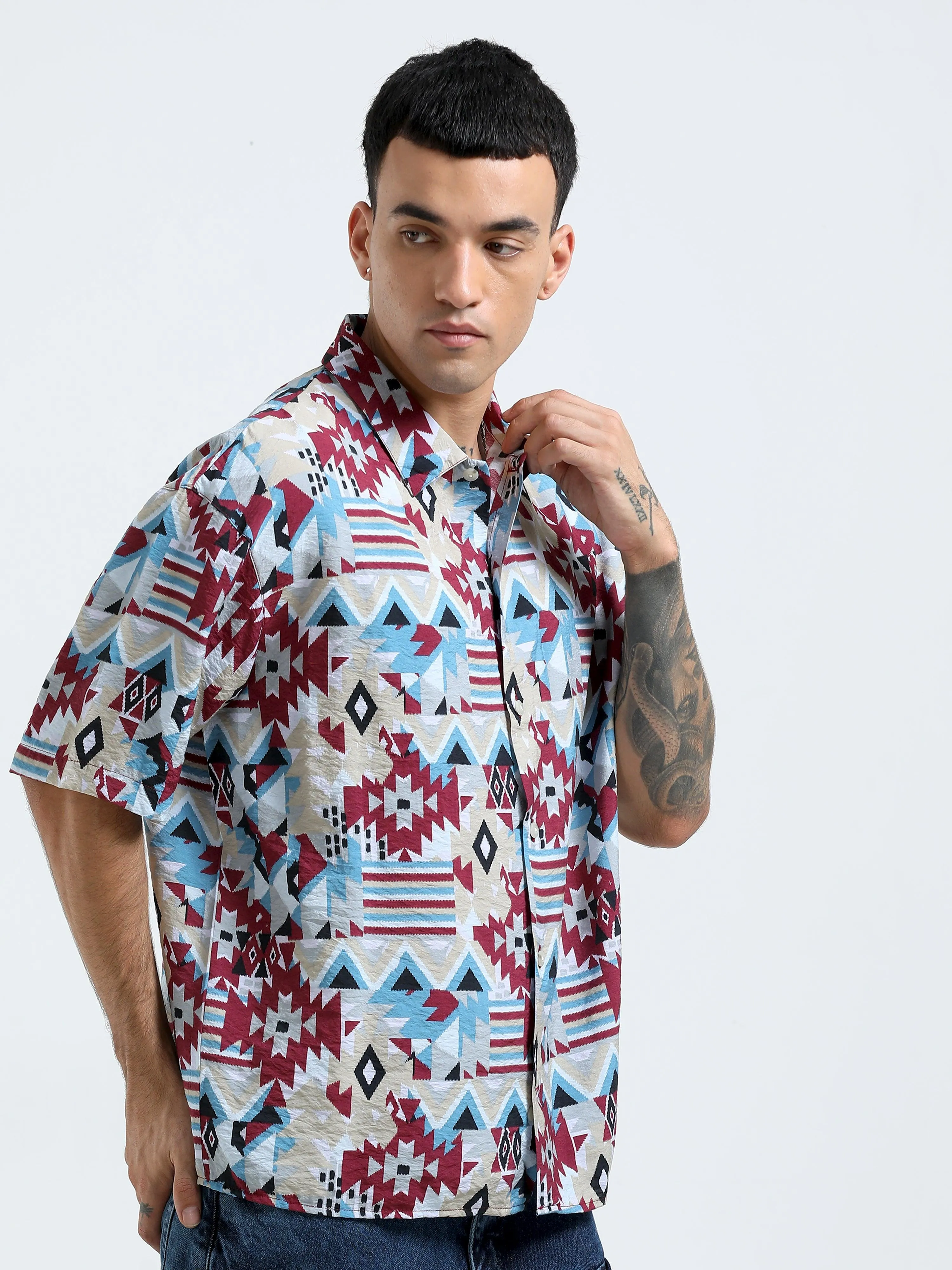 Whisp Cropped Baggy Geometric Printed Shirt - Maroon