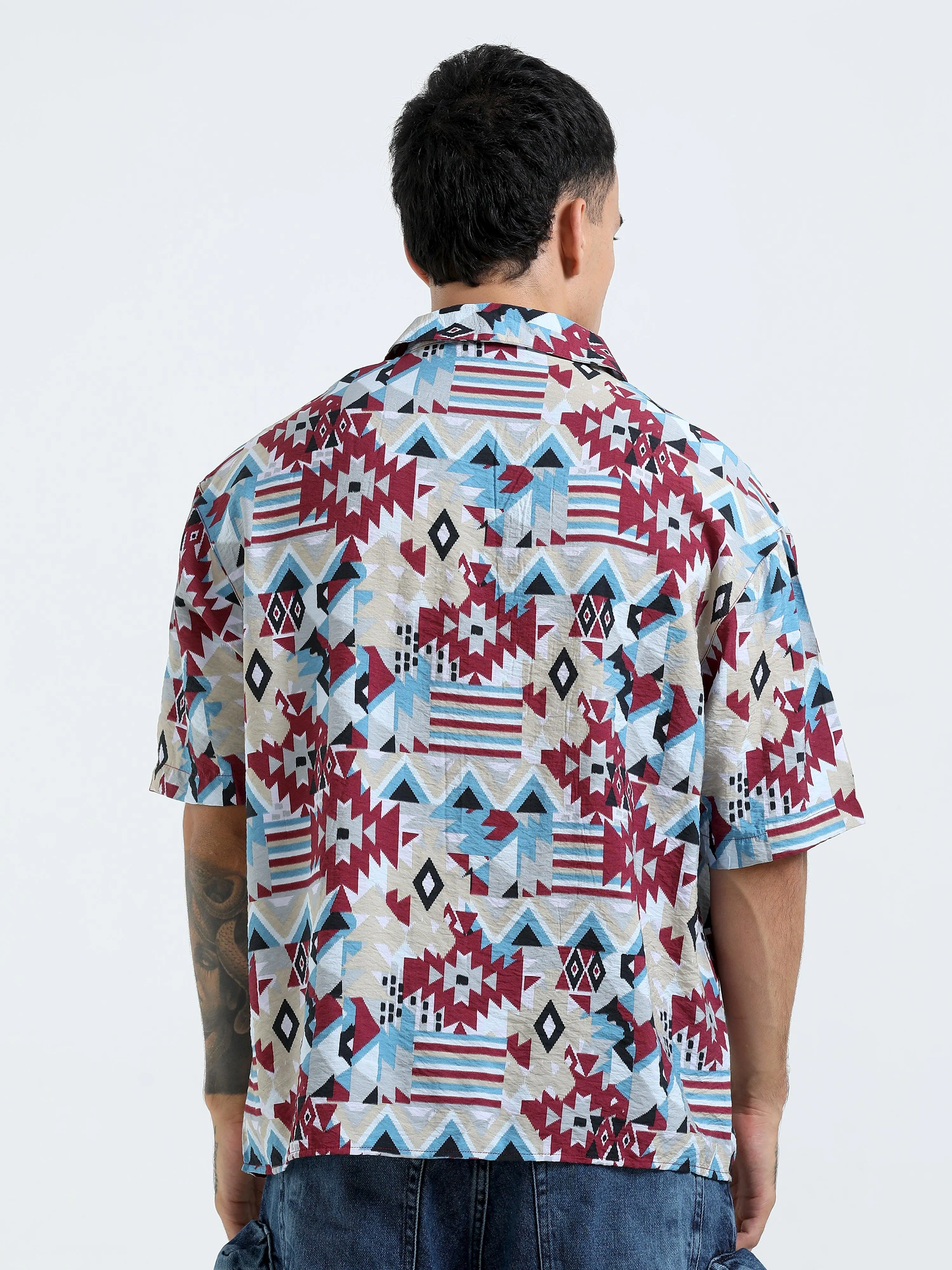 Whisp Cropped Baggy Geometric Printed Shirt - Maroon