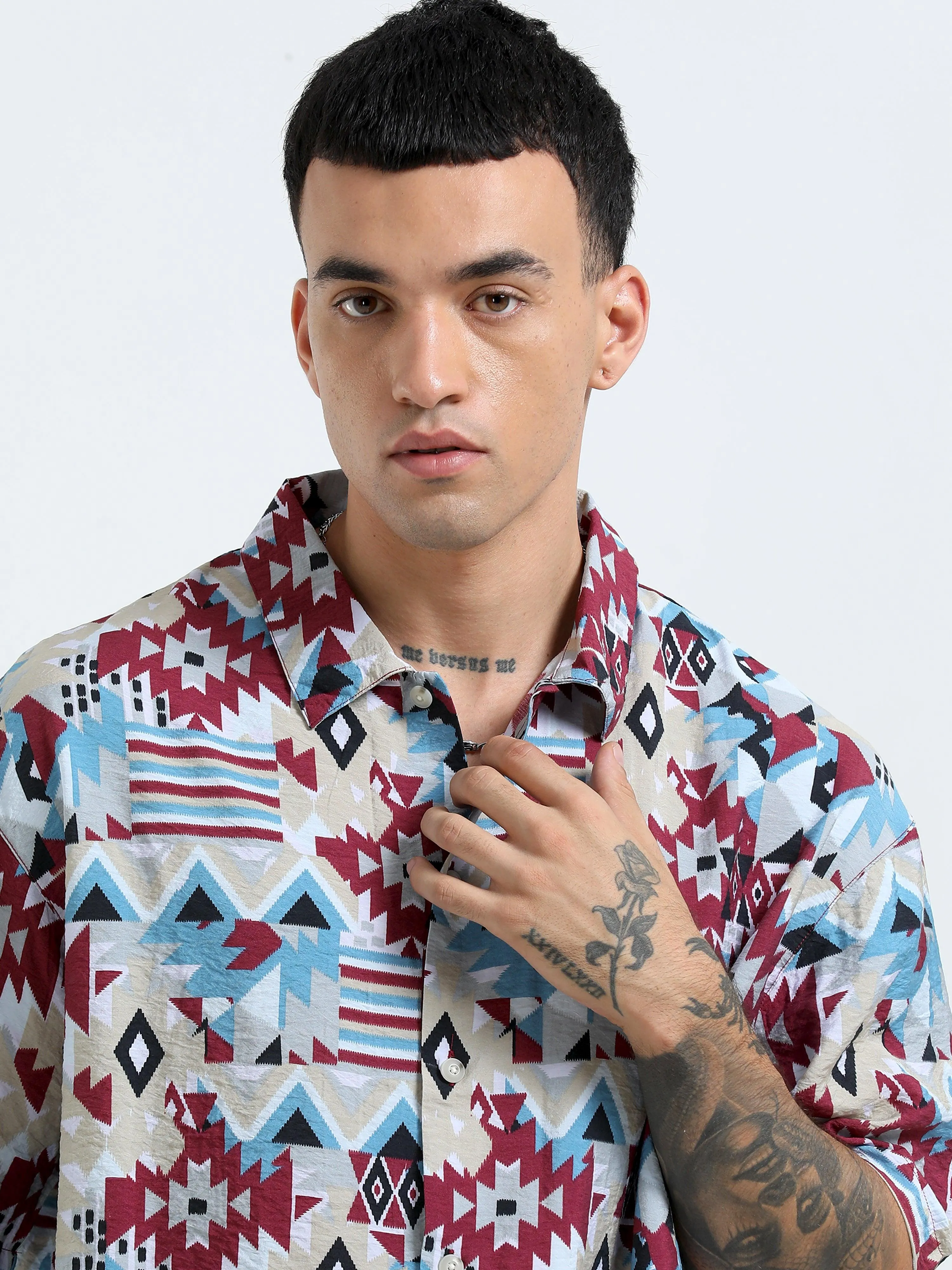 Whisp Cropped Baggy Geometric Printed Shirt - Maroon