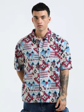 Whisp Cropped Baggy Geometric Printed Shirt - Maroon