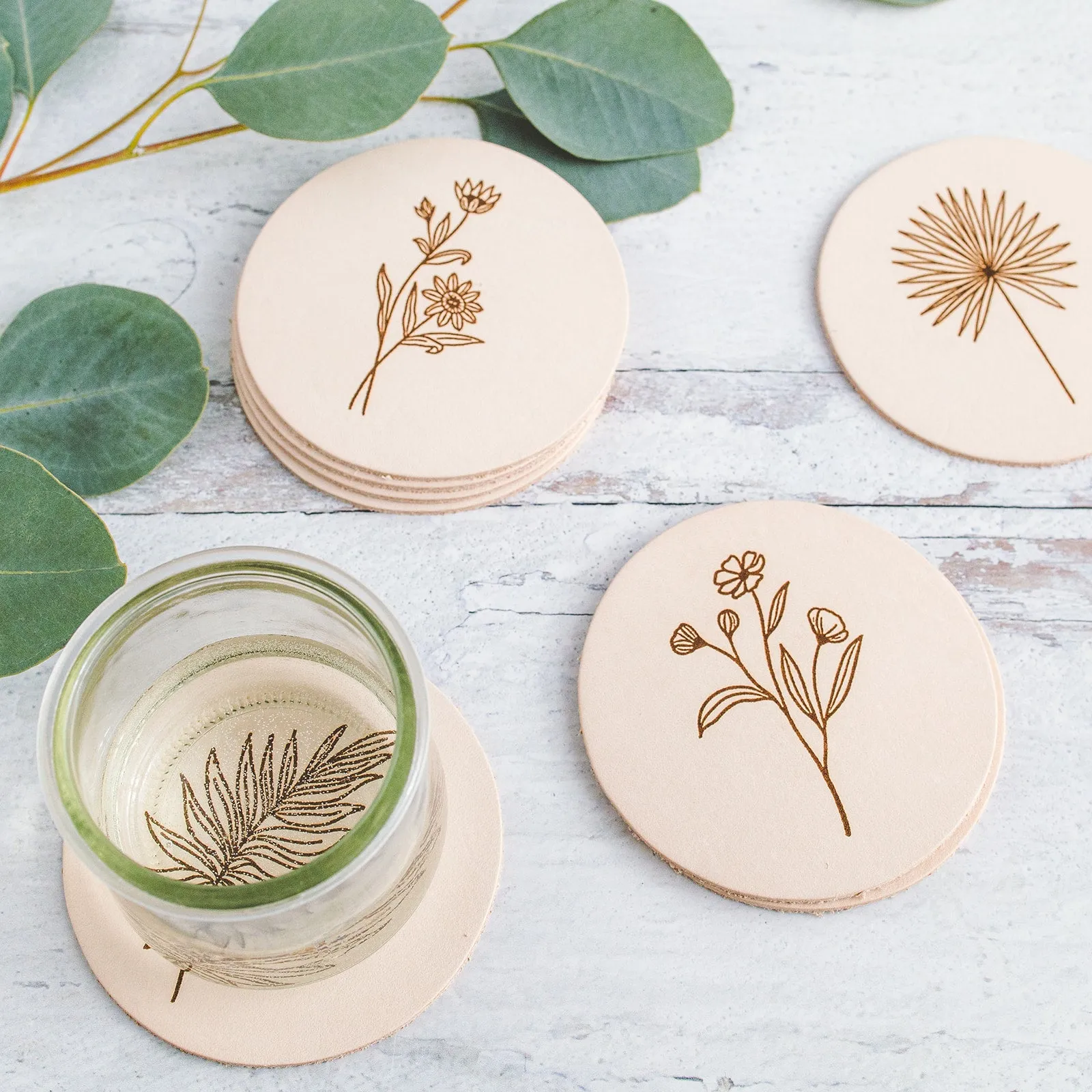 Wildflower Print Round Leather Coaster Set